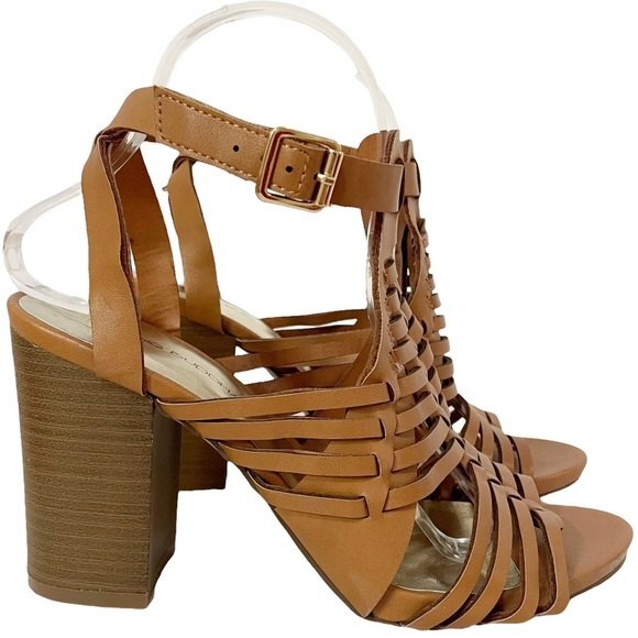 Big Buddha Strappy Block Heel Gladiator Sandal Camel Tan Faux Leather Size 8.5 - Picture 5 of 12